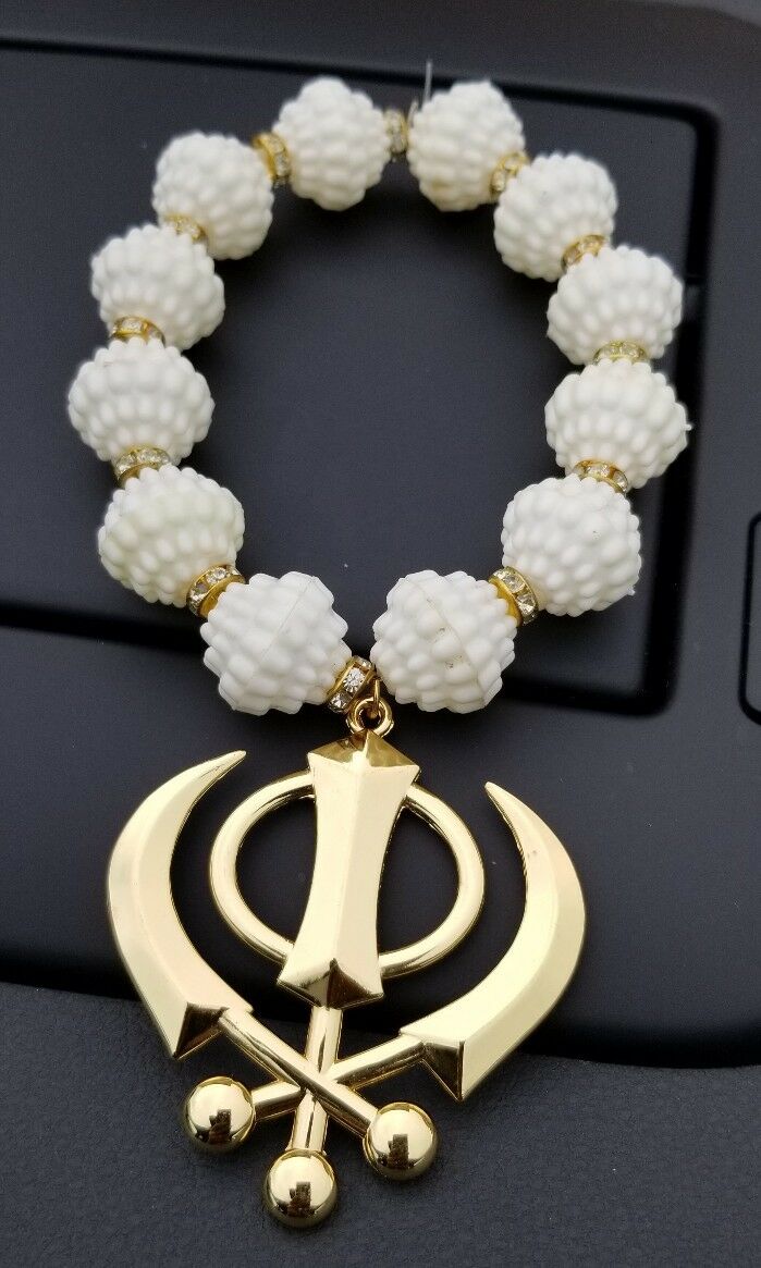 Gold Plated Khanda Pendant Punjabi Kaur Sikh Singh Car Rear Mirror Hanger Mala