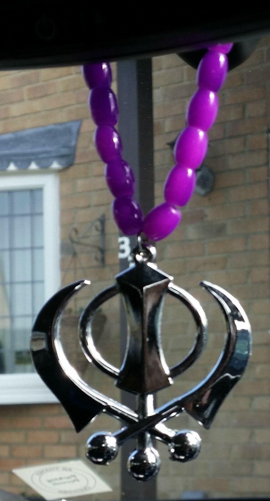 Silver Plated Punjabi Sikh Large Khanda Pendant Car Hanging in Purple Beads