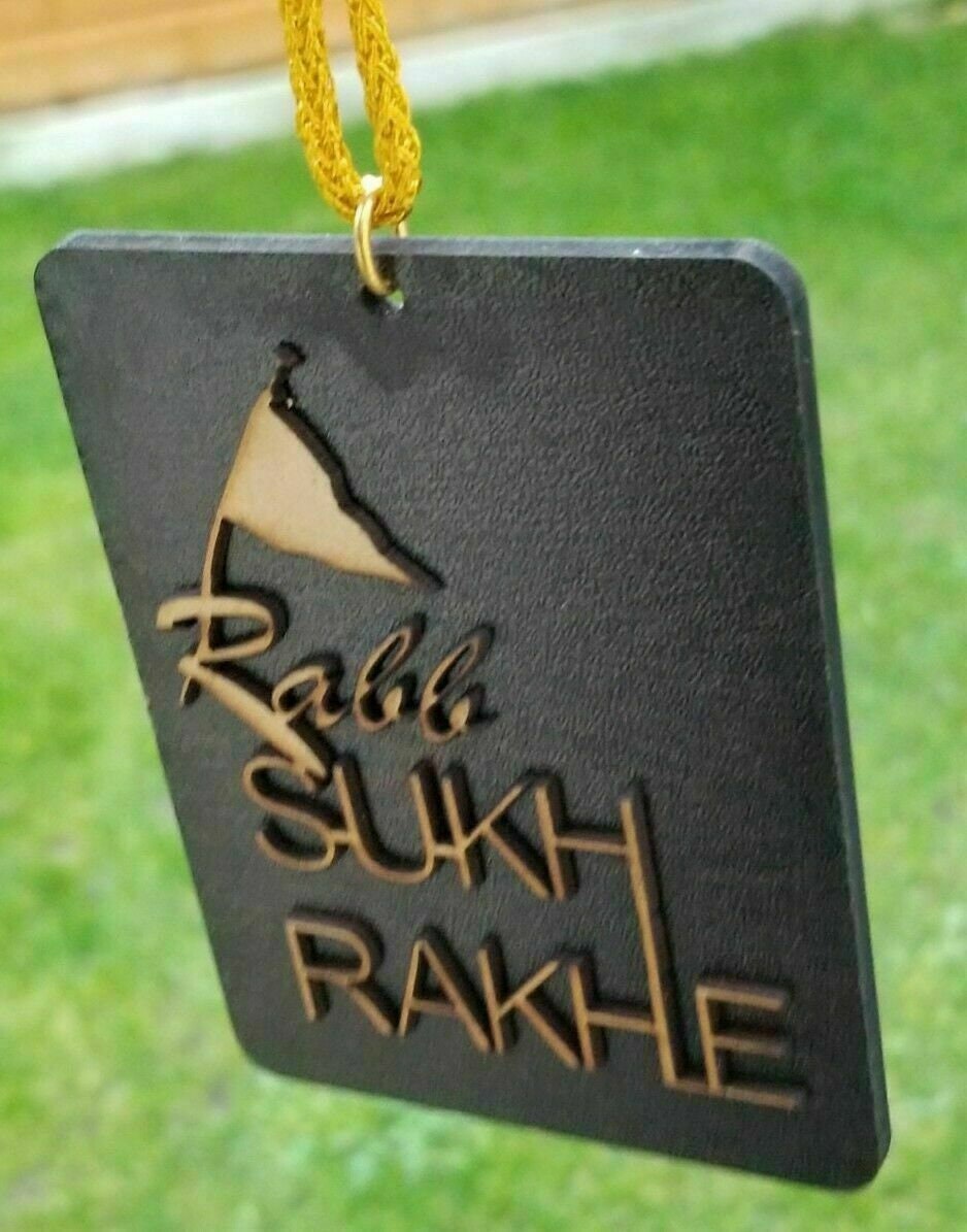 Rabb Sukh Rakhe Wooden Car Rear Mirror Pendant Nishan Sahib Sikh Hanger Gift UK KK4