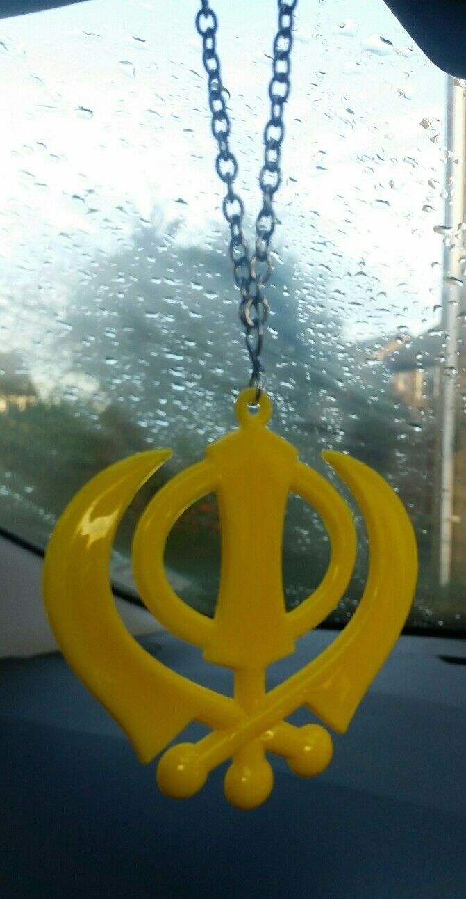 Large yellow acrylic khanda punjabi sikh pendant car rear mirror hanging chain