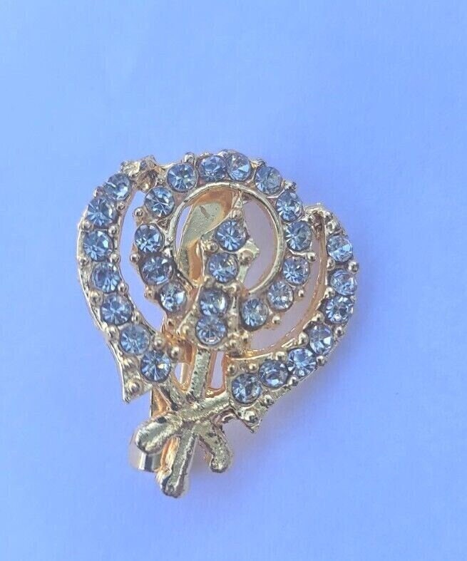 Khanda brooch gold plated stunning diamonte sikh king pin singh kaur broach k58