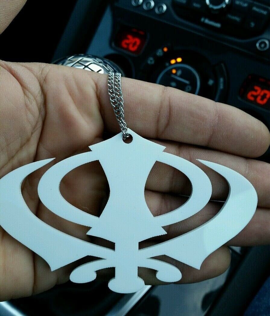 Wide White acrylic Khanda Car rear Mirror Hanger punjabi sikh pendant chain SS9G