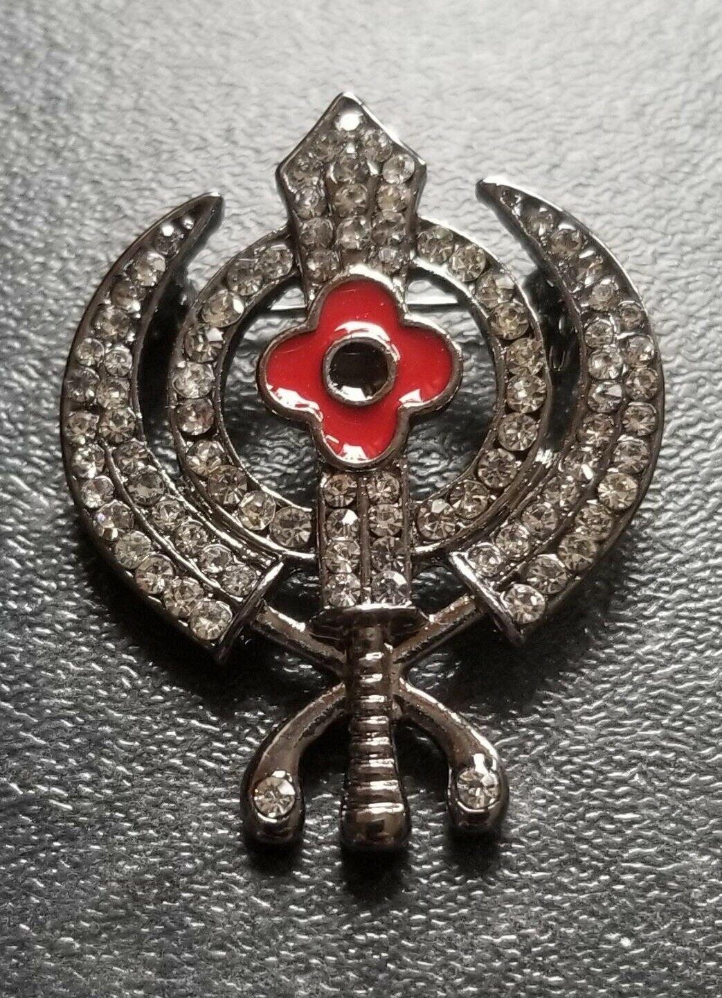 Stunning diamonte black affect sikh singh kaur khalsa poppykhanda brooch pin