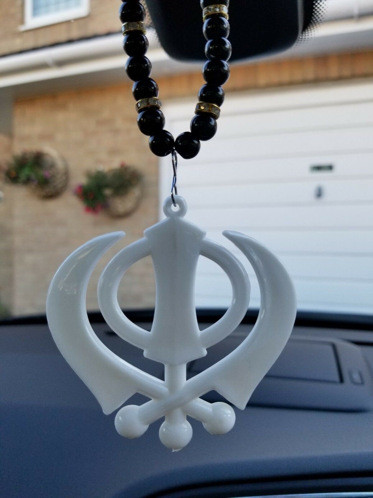 Singh kaur punjabi sikh white khanda pendant car rear mirror hanging mala a2