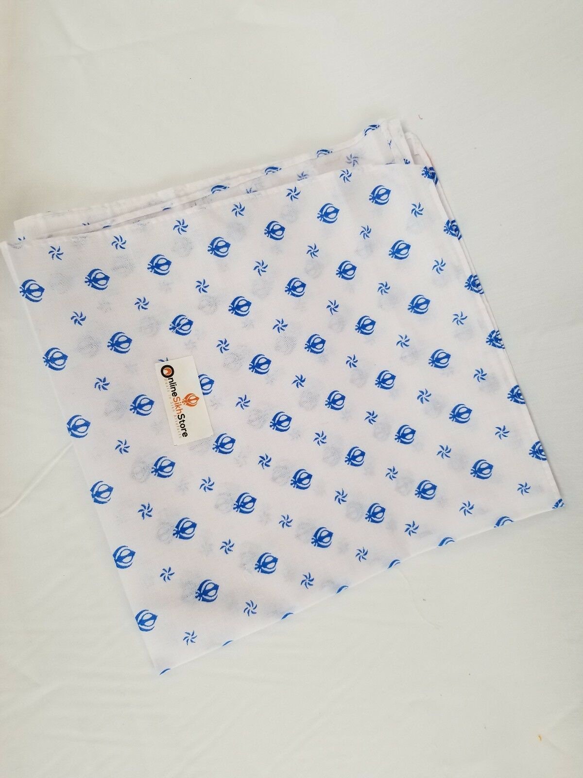 Sikh punjabi kaur white blue khanda bandana head wrap gear rumal handkerchief