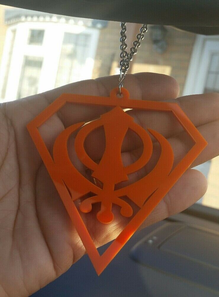 Orange acrylic khanda punjabi sikh pendant singh kaur car mirror hanging chain