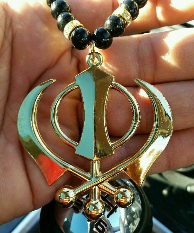 Sikh Khanda Car Hanging Gold Plated Pendant Rear Mirror Decor Punjabi beads Mala RR4