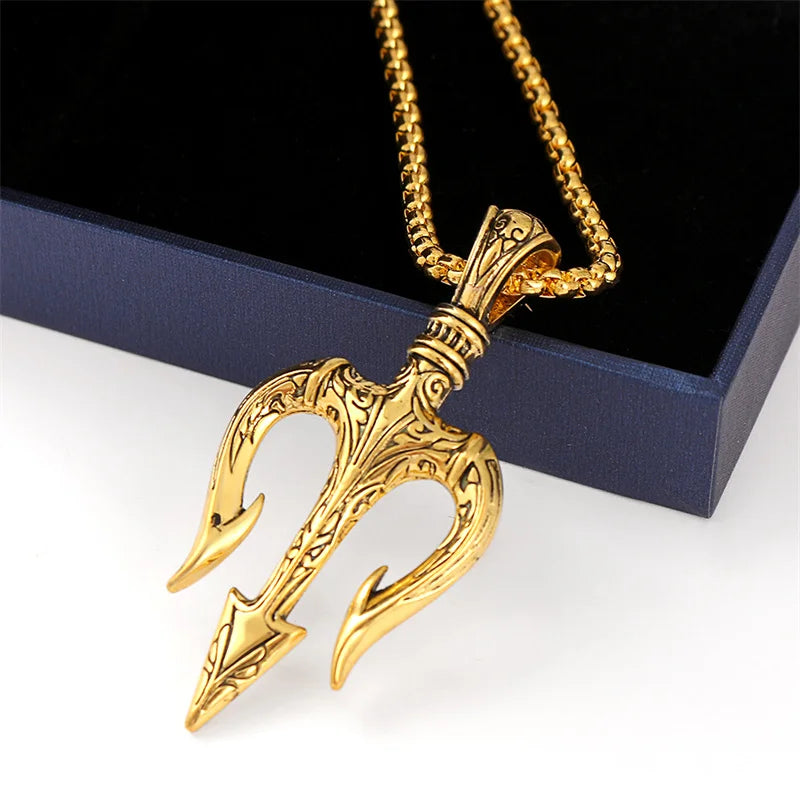 Vintage Neptune Poseidon Trident Pendant Necklace Ancient Greece Amulet Necklace Men Jewelry Gift for Sailor Unisex Jewelry