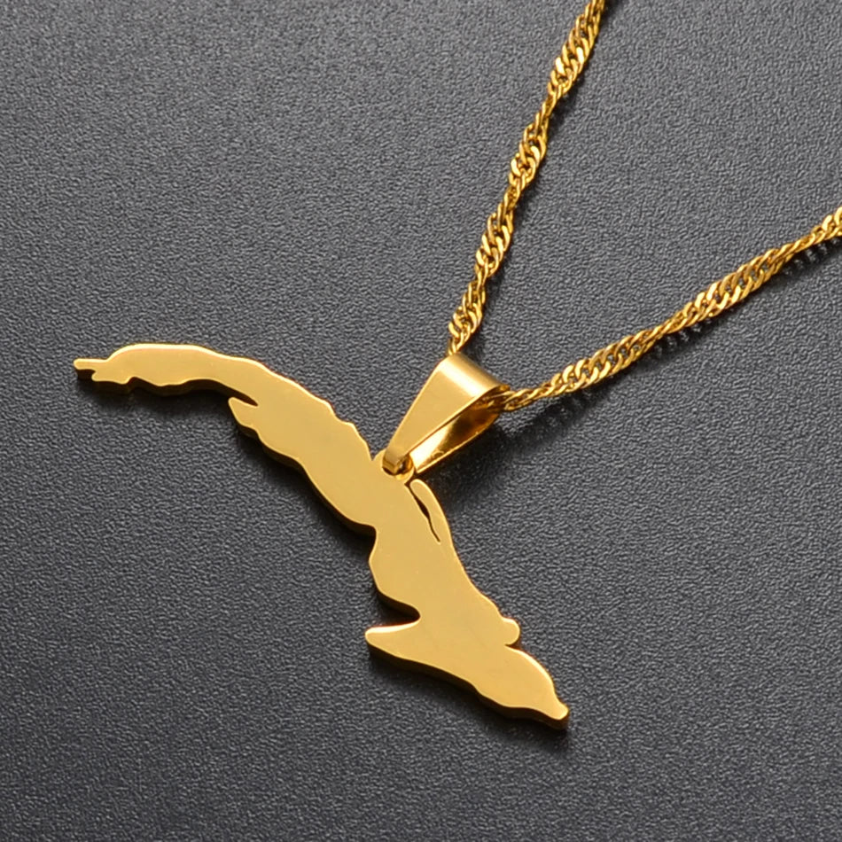 Anniyo 3.6cm Cuba Map Necklaces for Women,Map of Cuba Charm Pendant Silver Color/Gold Color Jewelry With Thin Chain #007121