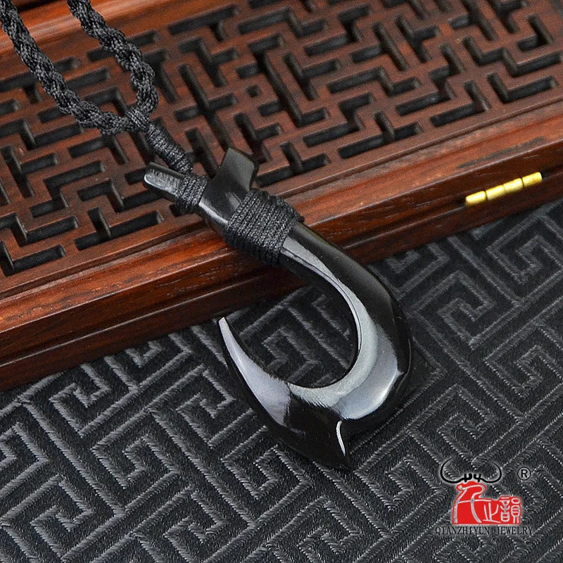 1PC Hawaii Surfer Jewelry Handmade Carved buffalo horn Fish Hook Pendant New Zealand Maori Tribal Choker WoMen's Men's Necklace