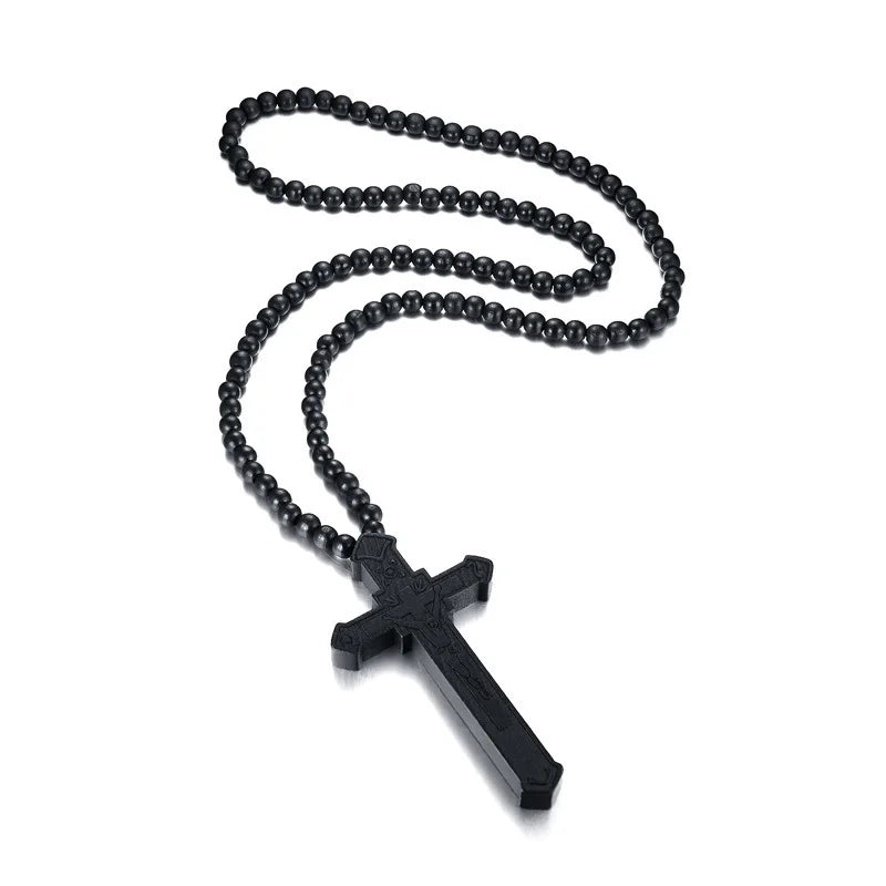 Vnox 36" Long Rosary Necklace Large Wood Jesus Christ Cross Pendant With Wooden Beads Sweater Chain Male Collier Statement Jewel