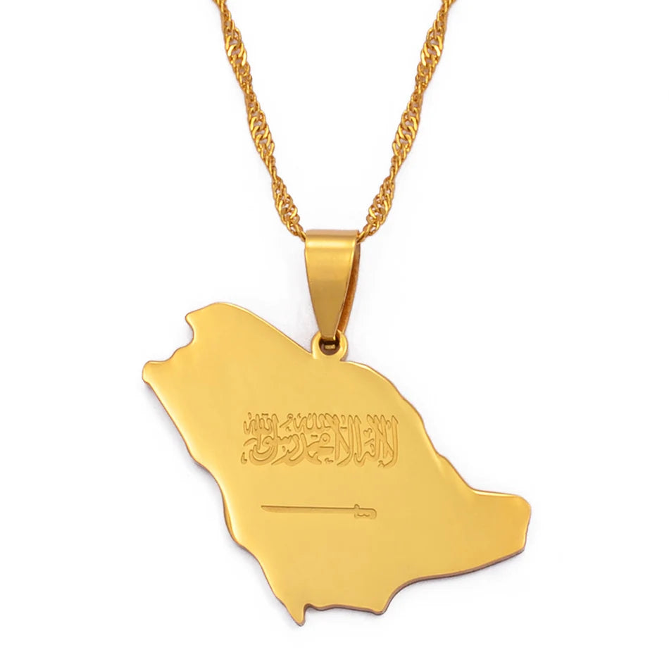Anniyo Saudi Arabia Map Flag Charm Pendant Necklace Silver Color/Gold Color Kingdom of Saudi Arabia Jewelry Women Girls #001321