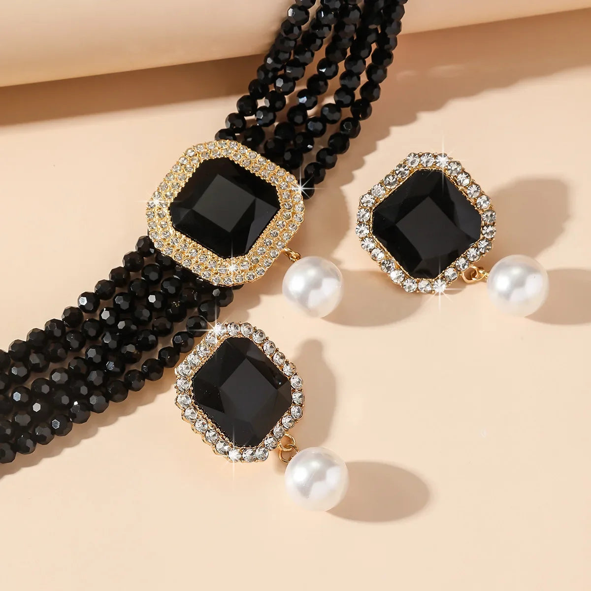 Vintage Multilayer Green Red Blue Black Crystal Necklace Geometric Square Pearl Earrings For Women Weddings Banquet Jewelry Sets