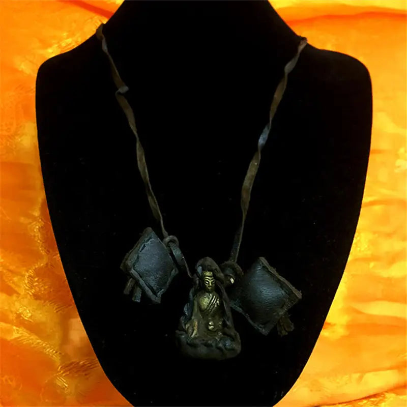 Tibetan Medicine BUDDHA Amulet Necklace Small Pocket Buddha with Cow Leather Rope TNL391