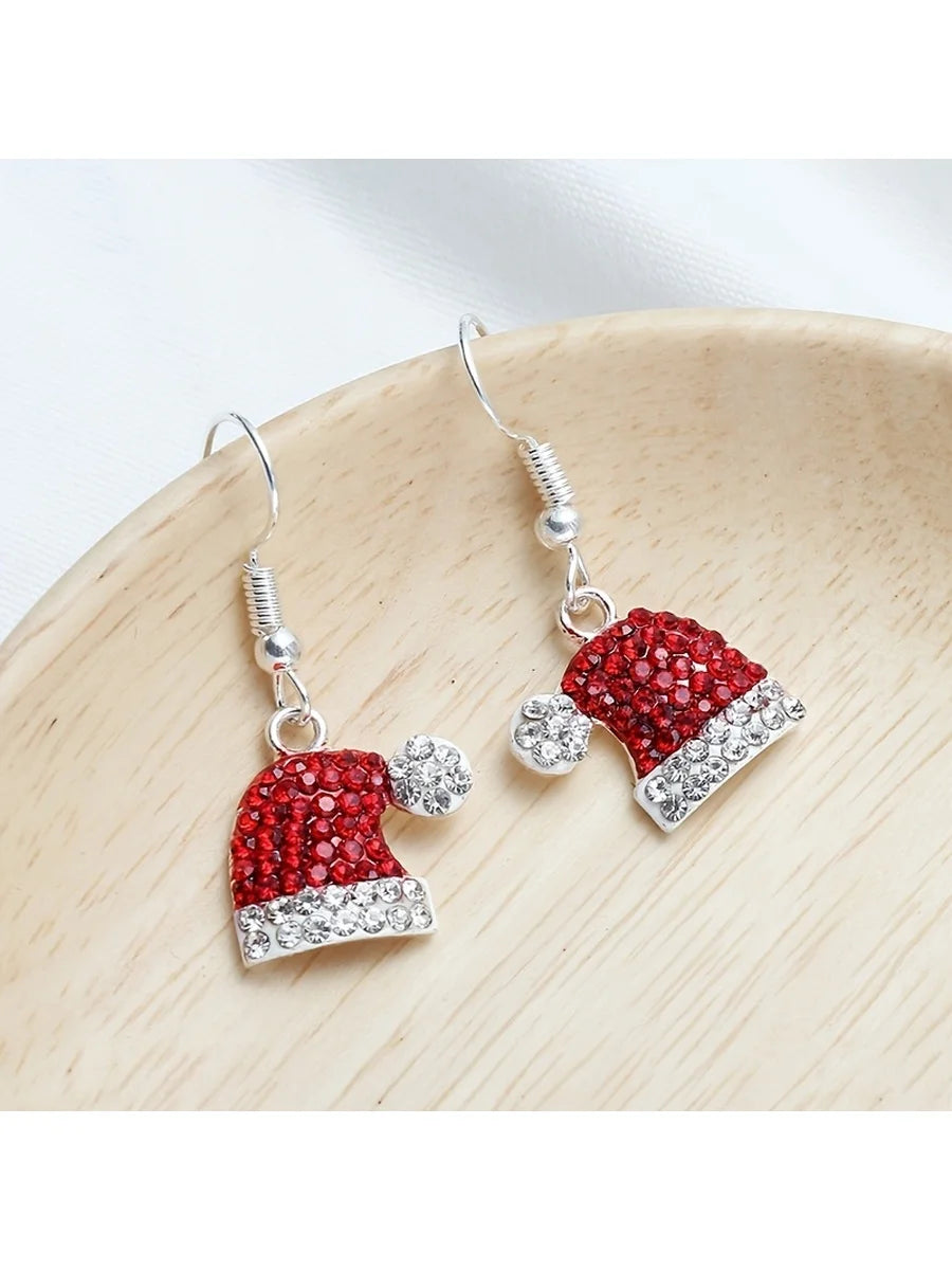 1 Pair Women's Cute Christmas Hat Earrings with Deer Christmas Hat Synthetic Zirconia Stud Earrings Christmas Ornament Gift