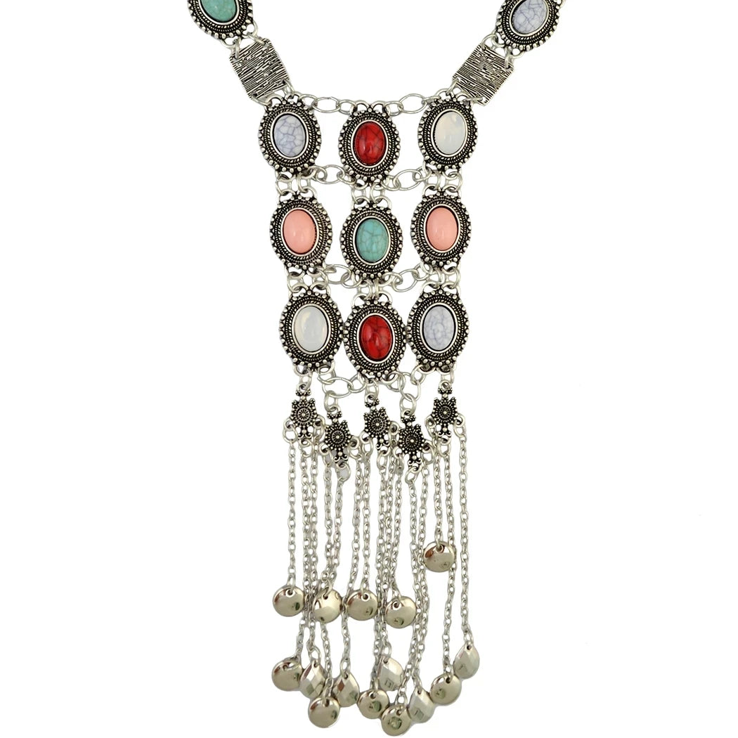 Vintage Silver Plated Gold Plated Chain Bead Stone Long Tassel Pendant Women's Necklace Suitable for Women's Party Jewelry Gifts