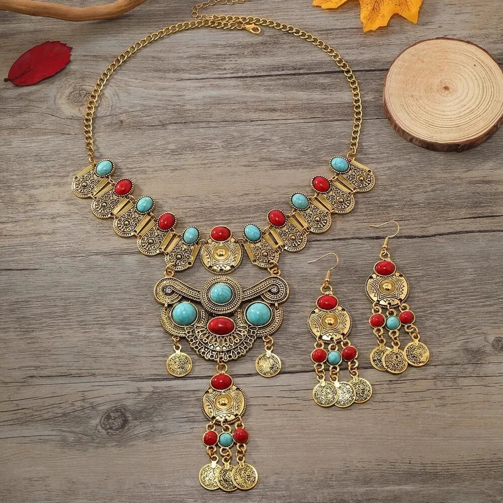 Western Jewelry Set Ethnic Vintage Imitation Turquoise Metal Coin Tassel Necklace And Earrings For Women Party Accessories