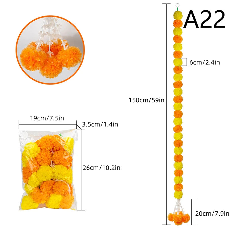 1Pc Indian Style Marigold Flower Garland With Flowers For Day Of The Dead Diwali Home DIY Craft Party Halloween Party Decor