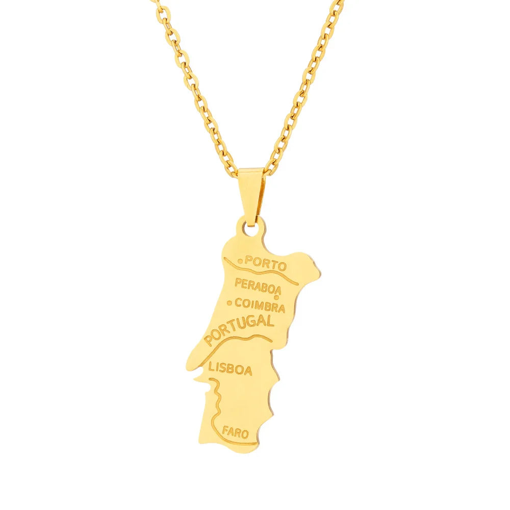 2024 new fashion stainless steel Portugal map pendant necklace temperament everything collarbone chain birthday anniversary gift