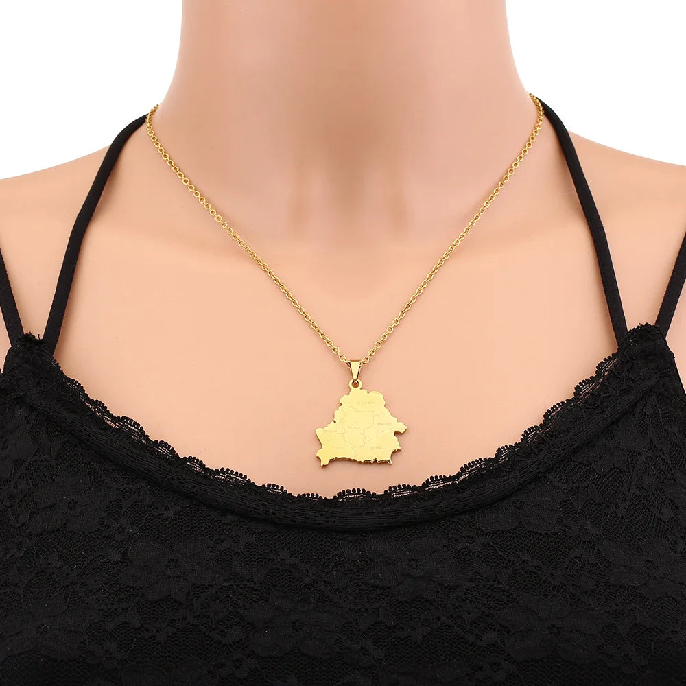 2024 New fashion stainless steel Belarusian map with city necklace for women and men couples ethnic style accessory collarbone c