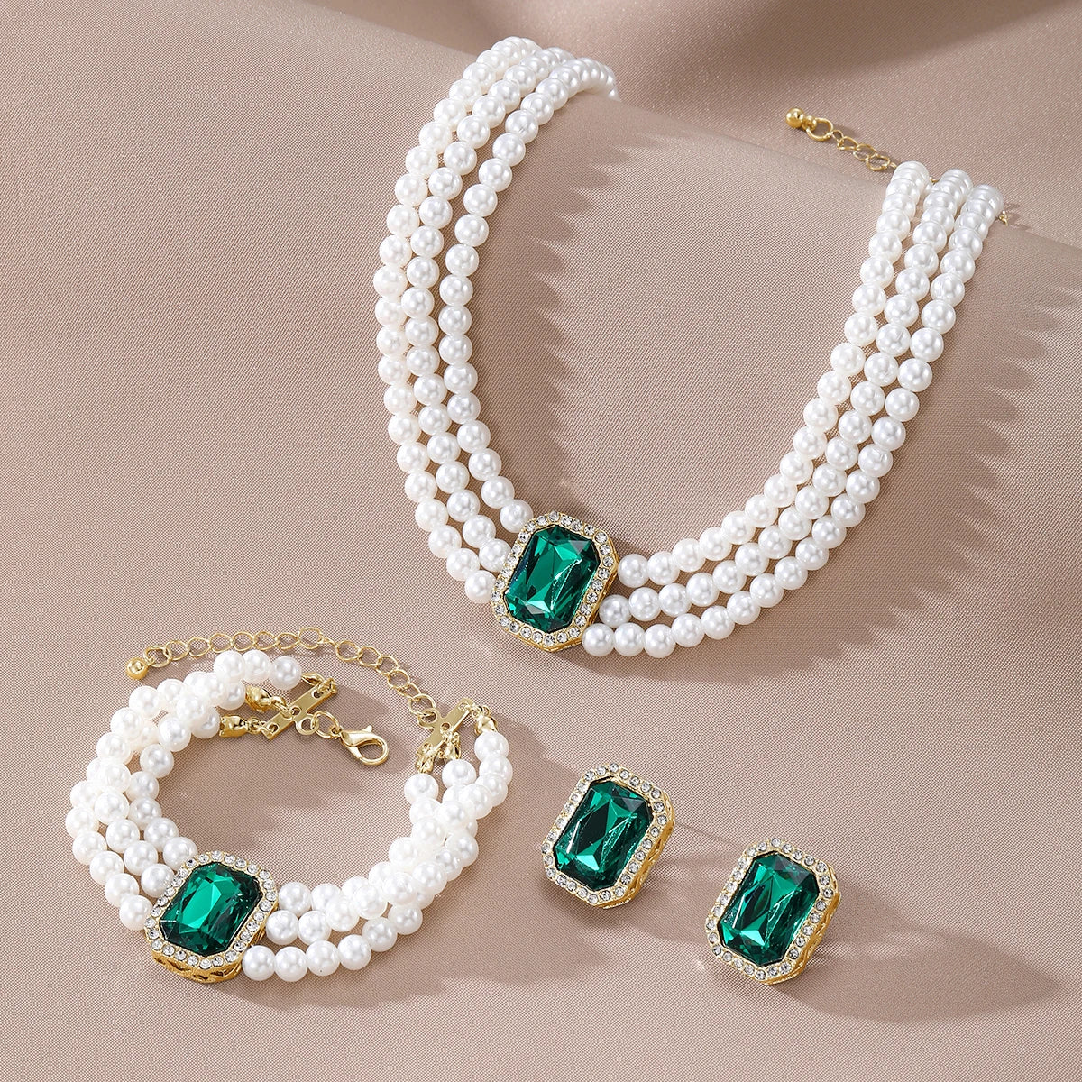 4-piece luxurious multi-layer imitation pearl necklace, earring bracelet, bridal rhinestone wedding jewelry set