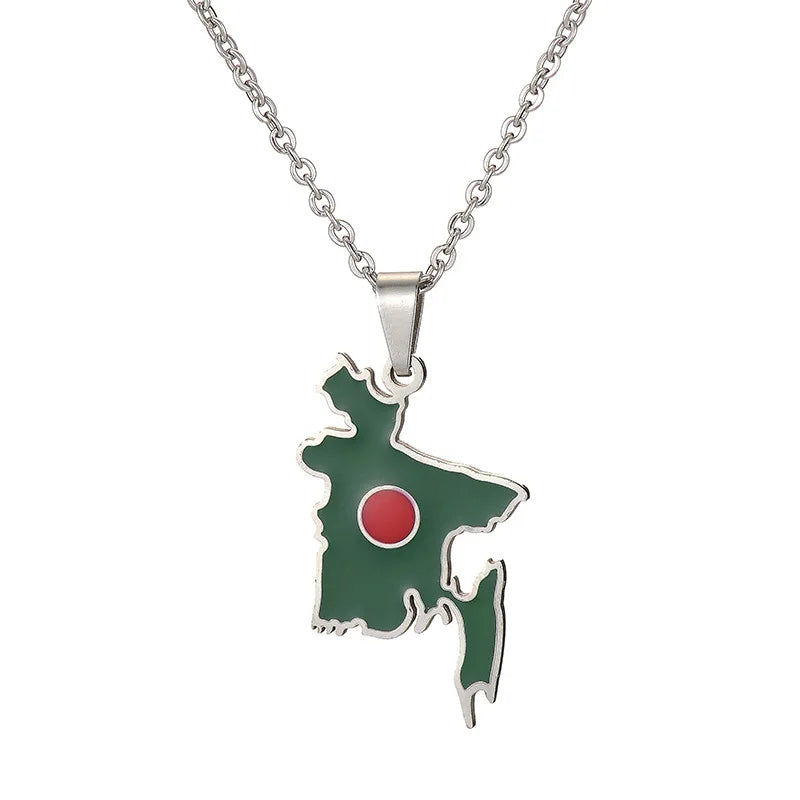 2024 new fashion stainless steel vintage dripping oil Bangladesh map pendant necklace temperament everything collarbone chain bi