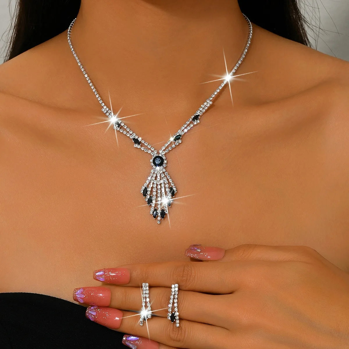 3pcs Exquisite Retro Style Elegant Women Rhinestone Tassel Necklace Earring Set Wedding Banquet Birthday Party Dress Accessories