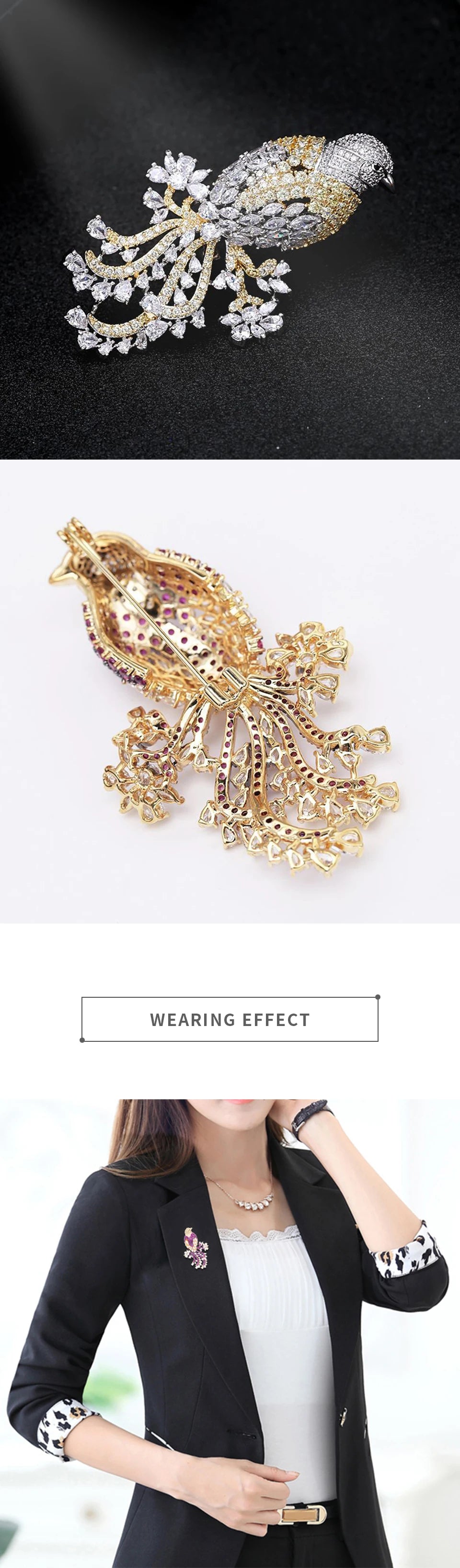SUYU National Style Retro Color Copper Inlaid Cubic Zirconia Animal Suit Jacket Gift Accessories Female Magpie Brooch
