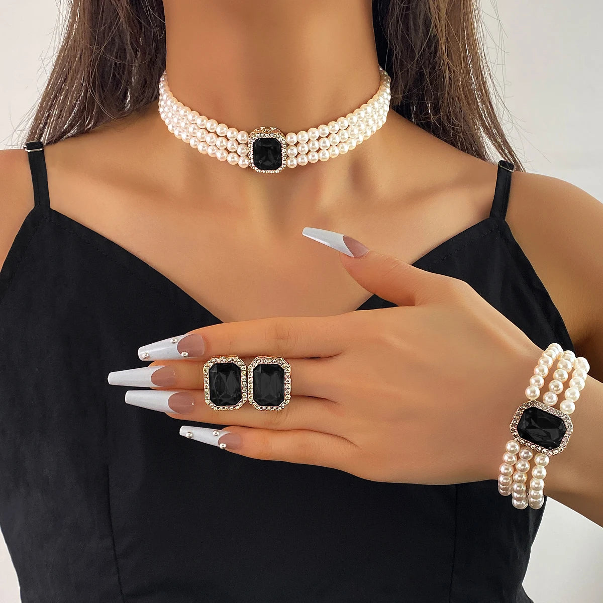 4-piece luxurious multi-layer imitation pearl necklace, earring bracelet, bridal rhinestone wedding jewelry set