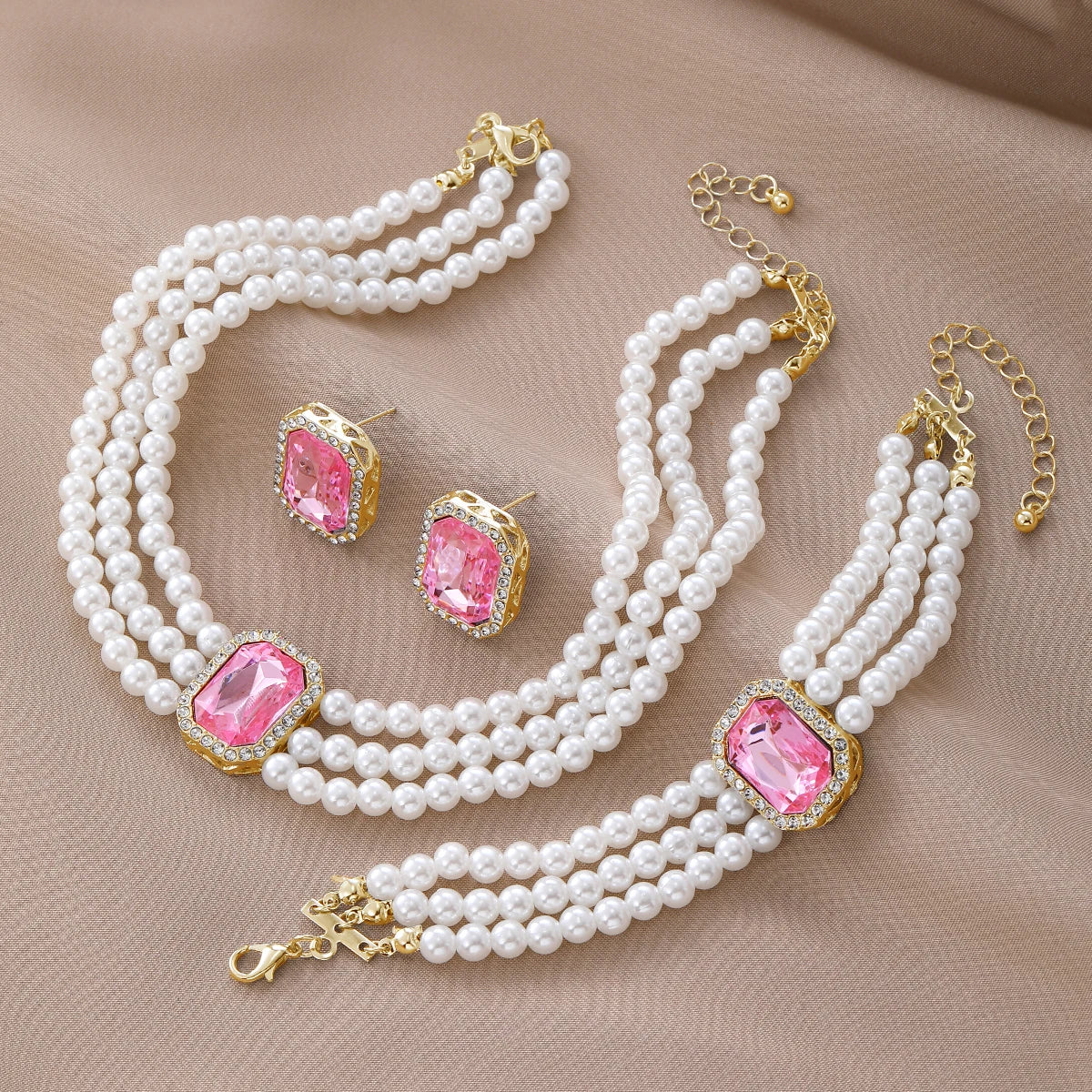 4-piece luxurious multi-layer imitation pearl necklace, earring bracelet, bridal rhinestone wedding jewelry set