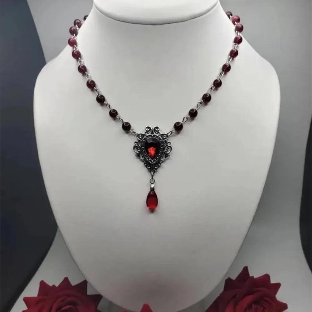Victoria Gothic Sliver Color Lacework Red Water Drop Glass Crystal Pendant Bead Chain Necklace for Women Rose Witch Jewelry Gift