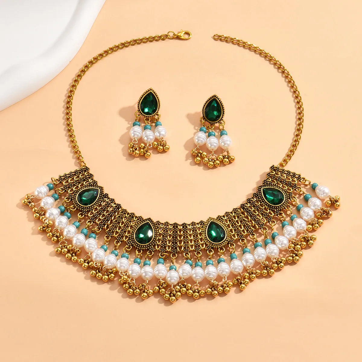 Vintage Jewelry For Woman Green Crystal Stone Jewelry Sets Simulated Pearl Beads Necklace Earrings Set For Women