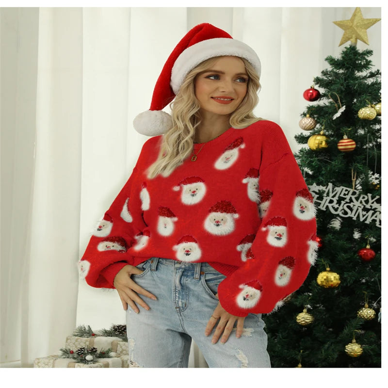 2024 Autumn and Winter New Christmas Outfit Old Man's Head Knitted Sweater European and American Women's Pullover Christmas