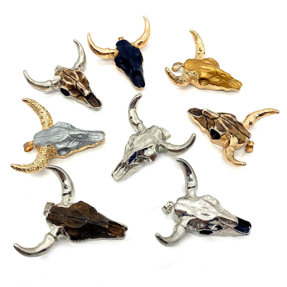 19 Styles Acrylic Cow Pendant Bull Skull Bone Gold Plated Charms for Men's Fashion DIY Jewelry Bull Head Pendant Necklace Gifts