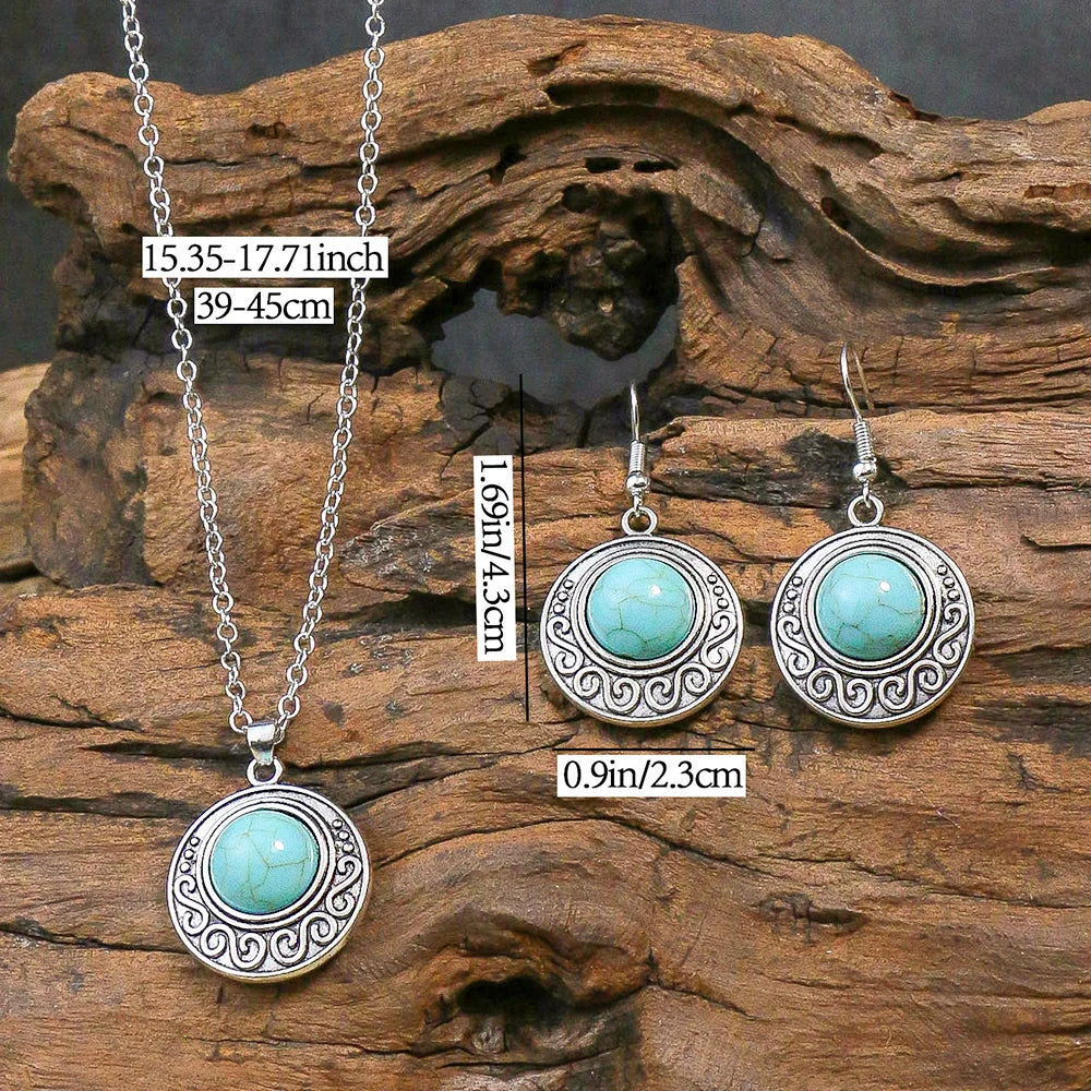 Vintage national imitation Turquoise women's earring necklace set antique silver plated alloy green earring necklace