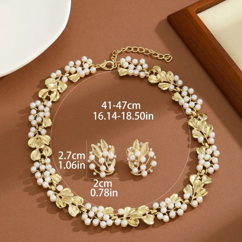 3pcs Luxury Vintage Gold Colour Leaves Set with Imitation Pearl Necklace Earrings Women's Elegant Court Style Jewellery