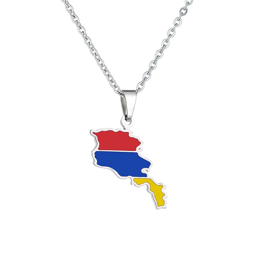2024 New fashion stainless steel Armenian map flag necklace women's all-matching metal sweater chain niche accessories