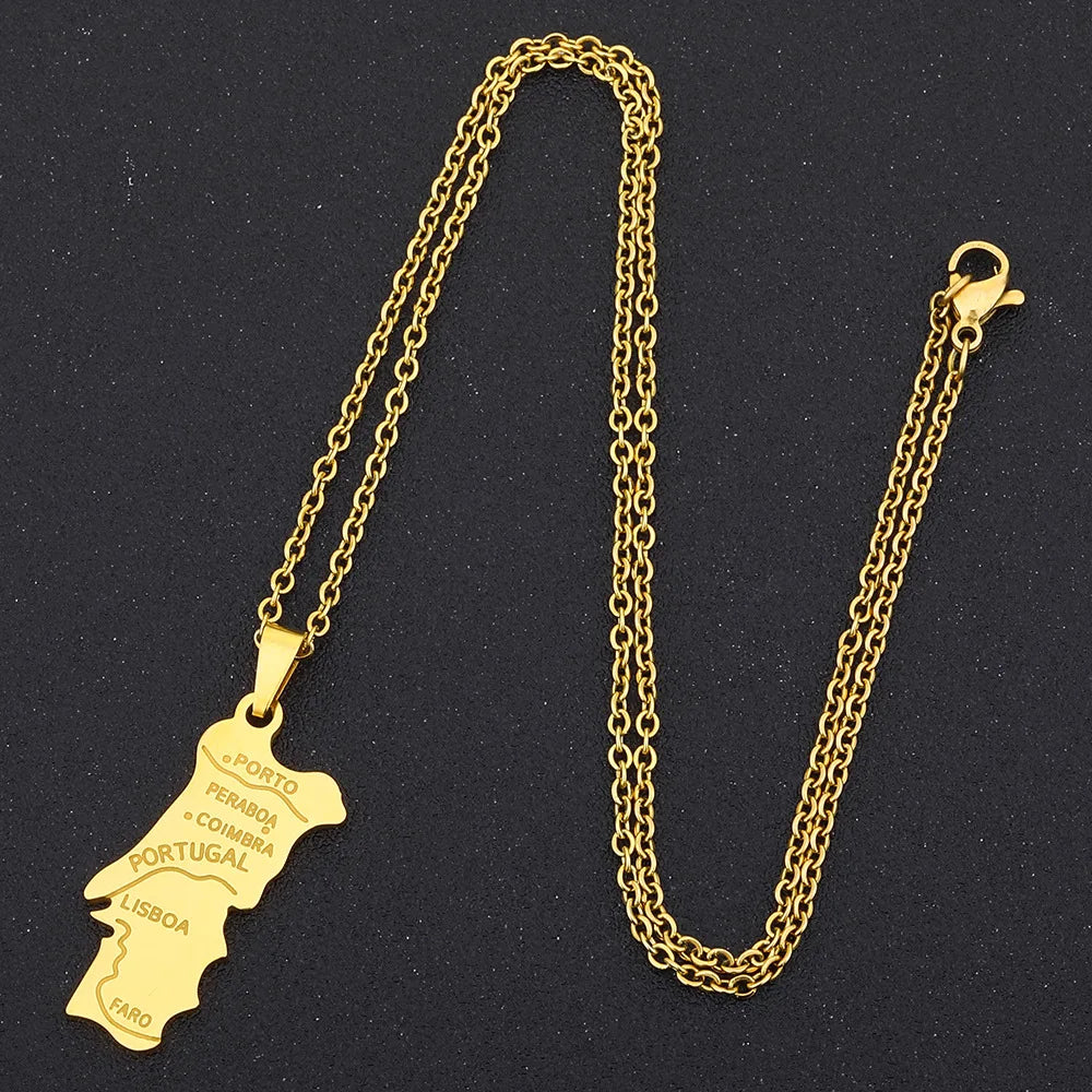 2024 new fashion stainless steel Portugal map pendant necklace temperament everything collarbone chain birthday anniversary gift