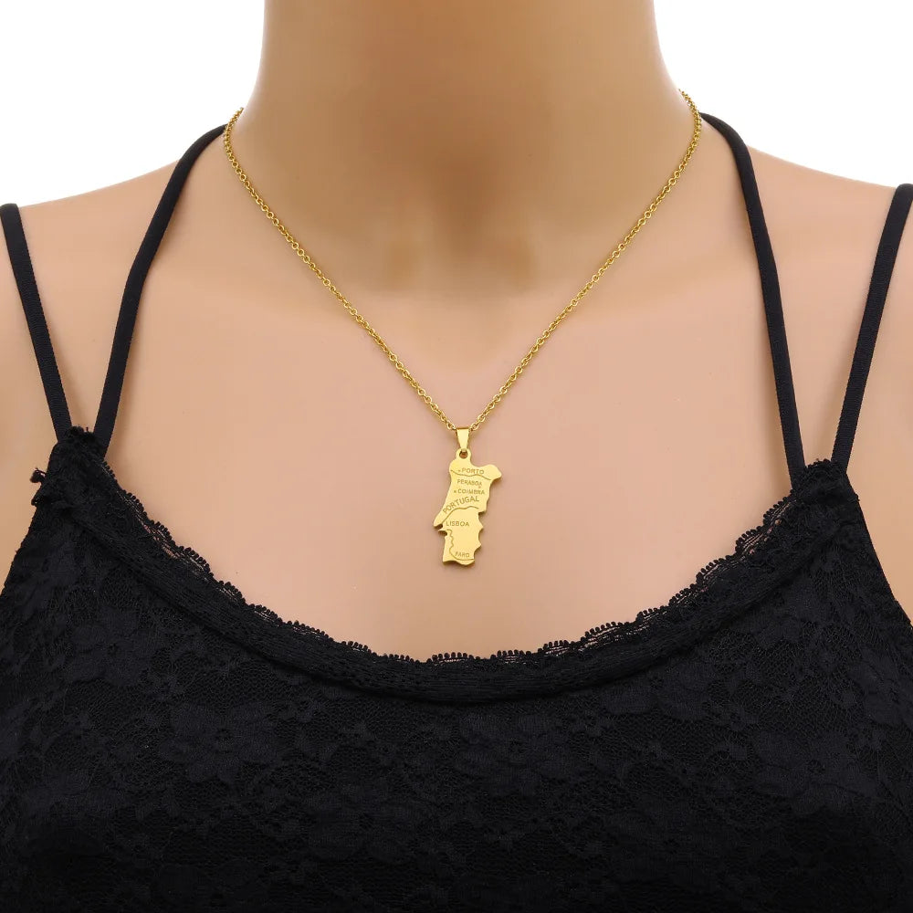2024 new fashion stainless steel Portugal map pendant necklace temperament everything collarbone chain birthday anniversary gift