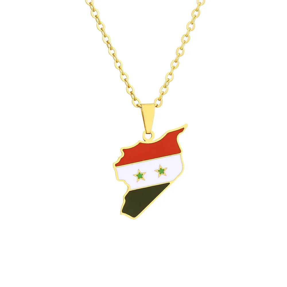 2024 New fashion stainless steel Syria map and flag necklace men's and women's temperament matching couple sweater chain accesso
