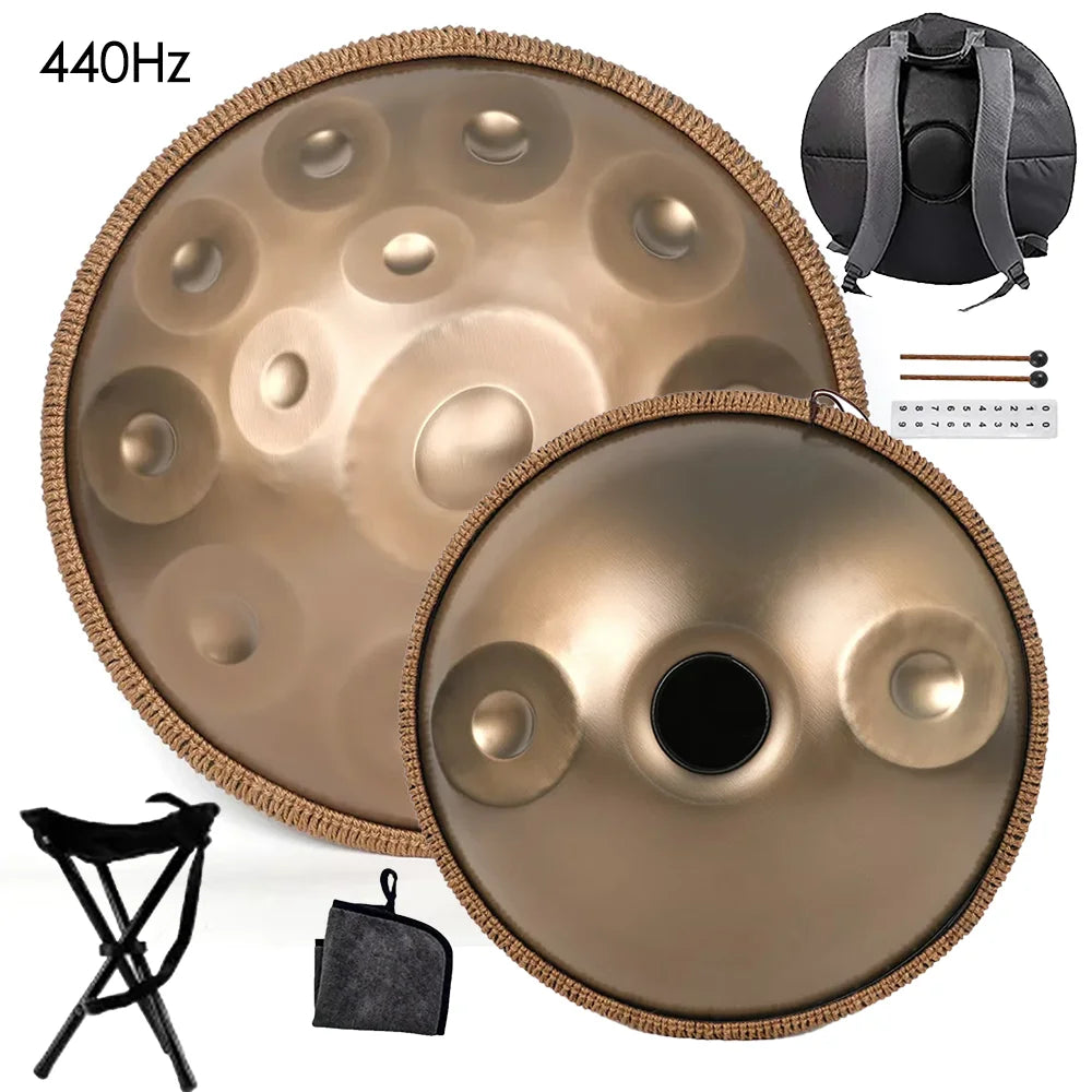 432Hz/440Hz Gold Handpan Drum with Steel Tongue for Yoga,Meditation Instrument,Beginner,Tambor Gift, 22 inch,9, 10,12,14,17notes