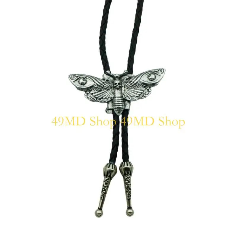 49MD Mens Gothic Western Bolo Tie Cowboy Necktie Metal Skull Moths Pedant Necklace