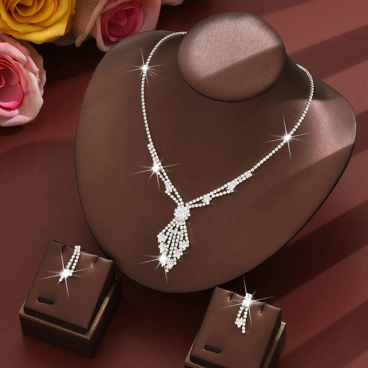 3pcs Exquisite Retro Style Elegant Women Rhinestone Tassel Necklace Earring Set Wedding Banquet Birthday Party Dress Accessories