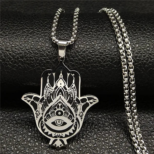 Hamsa Hand Stainless Steel Necklace Gold Color Amulet Hand of Fatima Necklaces Islamic Religious Arabic Jewelry mano de fatima