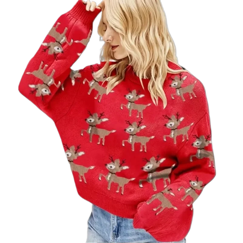 Women Deer Jacquard Red Christmas Sweater Knitteds Autumn Winter Ladies Casual Loose Cute Long Sleeve Pullover Knitted Sweaters