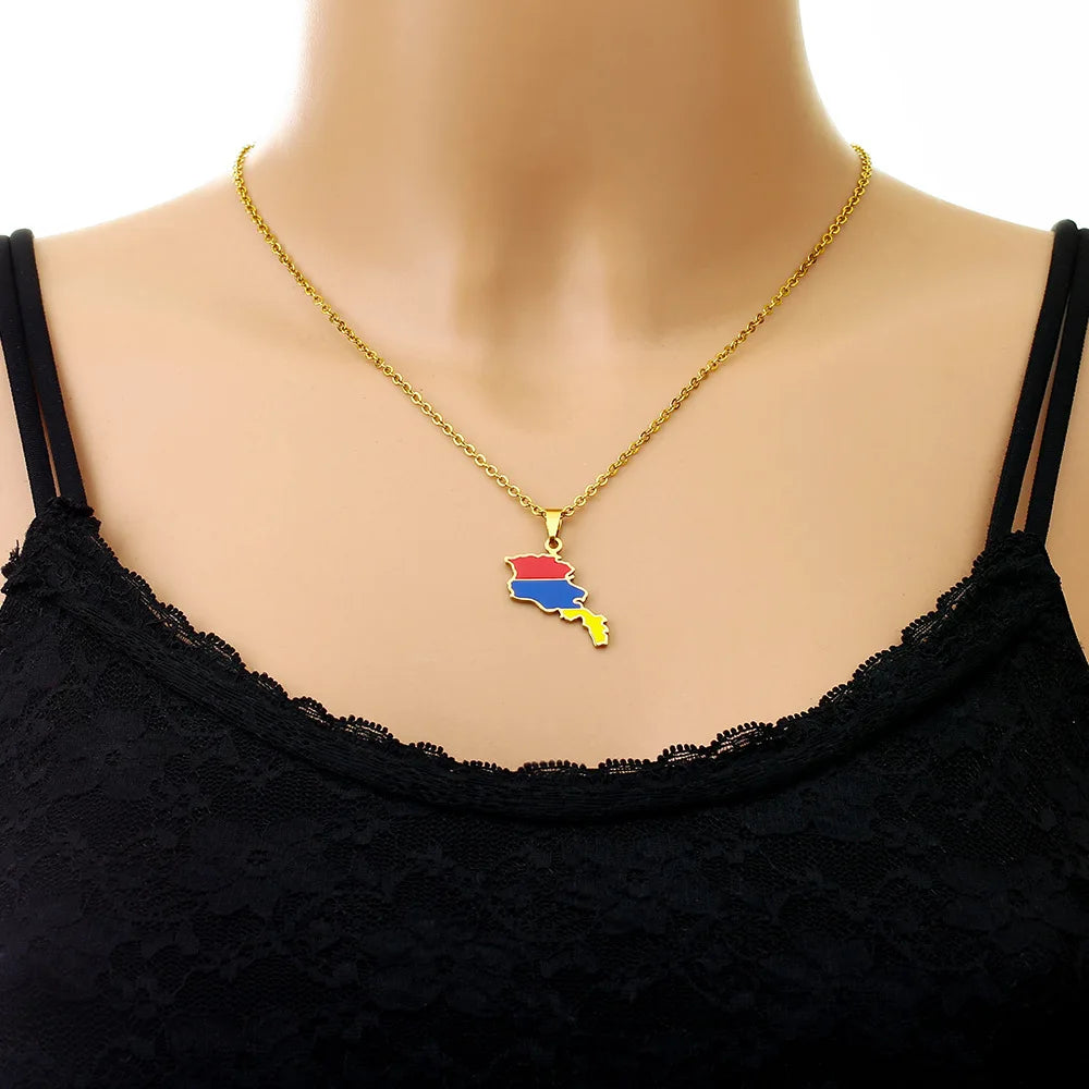 2024 New fashion stainless steel Armenian map flag necklace women's all-matching metal sweater chain niche accessories