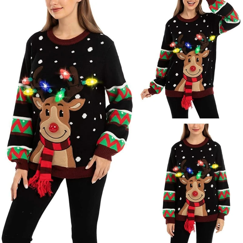 Women LED Light Up Holiday Sweater Christmas Cartoon Reindeer Knit Pullover Top