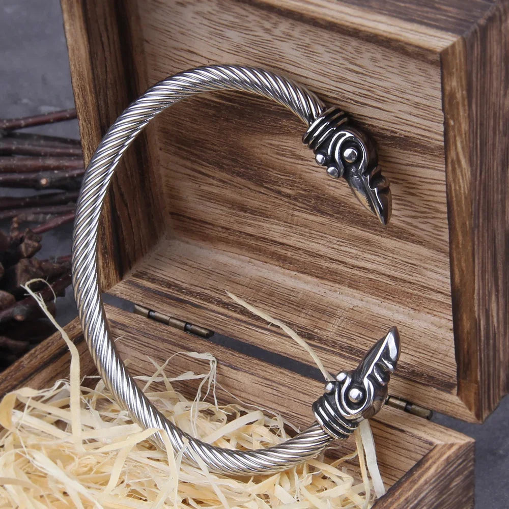 Stainless Steel Nordic Viking Norse Raven Bracelet Men Wristband Cuff Bracelets with viking wooden box