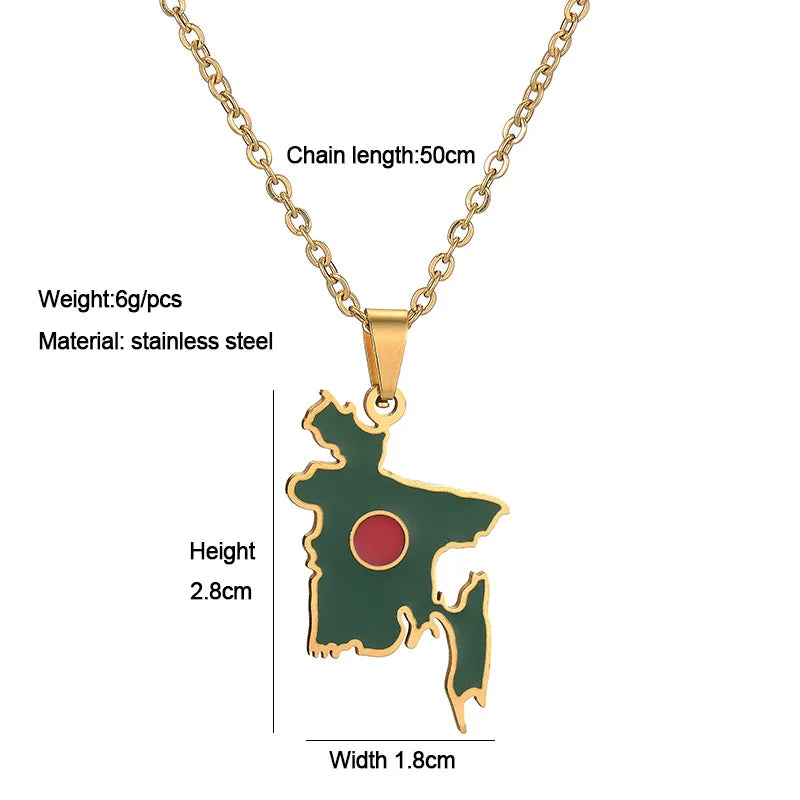 2024 new fashion stainless steel vintage dripping oil Bangladesh map pendant necklace temperament everything collarbone chain bi