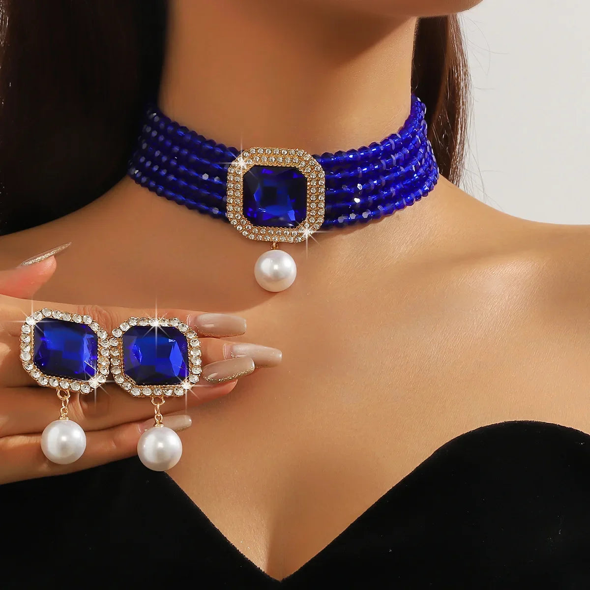 Vintage Multilayer Green Red Blue Black Crystal Necklace Geometric Square Pearl Earrings For Women Weddings Banquet Jewelry Sets